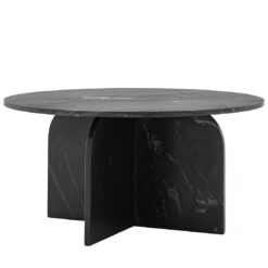 solid round black marble coffee table with a striking arched base