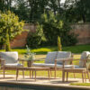 five piece outdoor garden sofa lounge set blending Scandi design and natural textures - two seater sofa, two armchairs both with grey cushions, coffee table and side table with grey